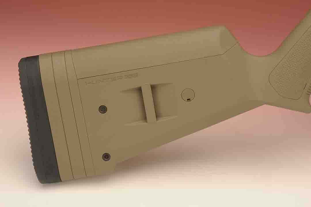 This Magpul stock allows for the use of a side sling arrangement if desired.  The rear of the stock is adjustable for length of pull, while the comb can be raised to suit the contour of the shooter’s face.